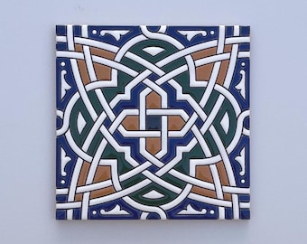 Handmade Spanish Ceramic Tile, Decorative Moorish Design (15 x 15 cm)
