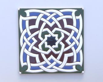 Handgefertigte spanische Keramikfliese, dekorative Cuerda Seca-Kunst (15 x 15 cm)