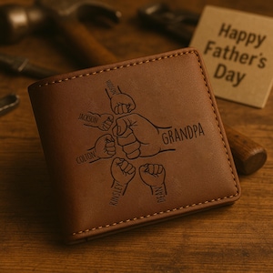 Cartera para papá con forma de puño, carteras personalizadas con nombres de niños, cartera de cuero grabada, regalo para el Día del Padre, regalo para el esposo, cartera para papá, cartera con forma de puño