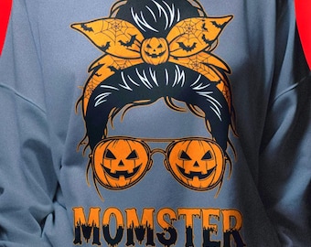 Momster Halloween Shirt with Messy Bun and Pumpkin Sunglasses