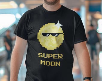 Super Moon T-Shirt, Funny Pixel Art Graphic Tee, Cool 8-Bit Retro Gaming Shirt for Men and Women, Vintage Aesthetic Apparel