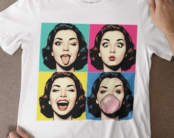 Pop Art Face T-Shirt: Retro Comic Girl Graphic Tee