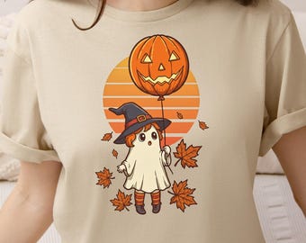 Halloween Retro Sunset Kawaii Ghost with Pumpkin T-Shirt