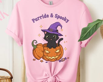 Kawaii Black Cat Halloween Shirt Witch Jack O' Lantern Graphic Tee
