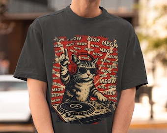 90s Rave Cat Graphic Tee: Vintage EDM Festival Shirt