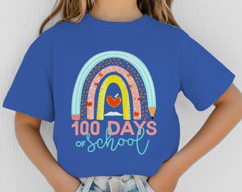 100th Day of School Rainbow T-Shirt: Pastel School Supplies Design