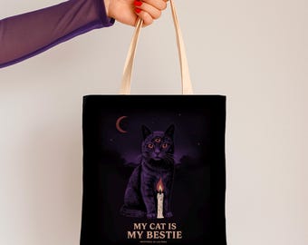 Whimsigothic tote bag for downtown girl, Whimsigoth cat lover witch bag, Witchy vibes bag, Dark cute tote for edgy girl, Cute goth cat bag