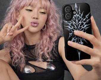 Cybersigilism 3D effect silver phone case, Edgy girl cyberpunk cover, Whimsigothic Y2k case, Cyber gothic dark aesthetic goth phone case
