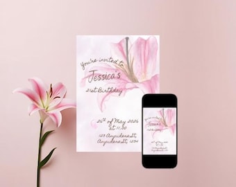 Elegant Lily Flower Pink Birthday Invitation Template