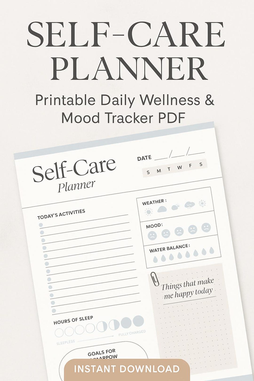 Self-care Planner PDF - Printable Daily Wellness & Mood Tracker