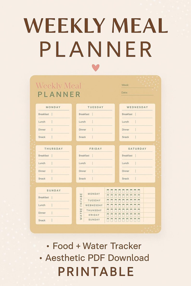 Weekly Meal Planner | Printable Food + Water Tracker | Aesthetic PDF ...