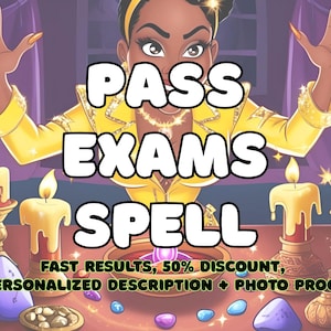 Pode incluir: Ilustração com o texto "PASS EXAMS SPELL" apresentando uma mulher com um casaco amarelo. A imagem inclui velas acesas, pedras preciosas e o texto "FAST RESULTS, 50% DISCOUNT, PERSONALIZED DESCRIPTION + PHOTO PROOF."