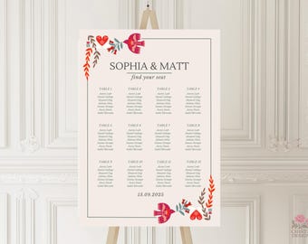 May include: A wedding seating chart on an easel. The cream-colored sign features the names "SOPHIA & MATT" and a list of guests organized by table number. Decorative elements include red birds, hearts, and floral accents. The date "13.09.2025" is displayed.