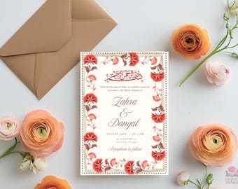 Plantilla de invitación de boda islámica, descarga de invitación Nikkah, invitación digital de boda musulmana, invitaciones Nikkah florales de inspiración mogol