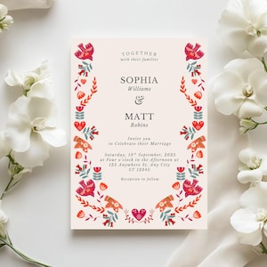 Modèle d'invitation de mariage folklorique floral 5 x 7", invitations de mariage colorées en rose, orange, bleu, vibrant folk printemps été invitations florales