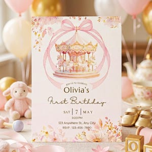 Karussell-Geburtstagseinladung, Pferdeeinladung, bearbeitbare Canva-Vorlage