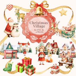 Classic Christmas Clipart, Watercolor santa claus reindeer, Winter Clipart, Transparent PNGs and printable sheets for use in cards