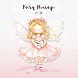 Imágenes prediseñadas de tarjeta con mensaje de hadas, hadas de fantasía de acuarela con cartel, arte pastel rosa para tarjetas de agradecimiento, descarga digital, 12 imágenes png