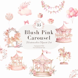 Könnte beinhalten: Ein Aquarell-Clipart-Set mit Designs von rosafarbenen Karussells. Das Set enthält Karussell-Illustrationen, florale Akzente, Geschenkboxen, Luftballons und ein Banner. Der Text lautet "Blush Pink Carousel" und "Watercolor Clipart Set".
