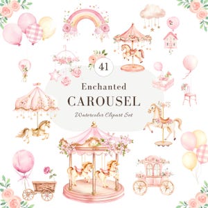 Może przedstawiać: Zestaw akwarelowych clipartów z elementami karuzeli w odcieniach różu, kremu i złota. Zawiera konie karuzelowe, balony, tęczę i kwiatowe akcenty. Tekst brzmi "Enchanted CAROUSEL Watercolor Clipart Set."