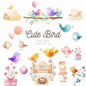 May include: A collection of watercolour illustrations featuring various birds, flowers, balloons, and nests. The text "Cute Bird", "47PNG 300DPI", "Commercial Use", and "Bird village" is printed in brown script and sans-serif fonts throughout the image.