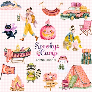 Puede incluir: Una colección de ilustraciones en acuarela que incluye una calabaza rosa, un camión de camping, un fantasma, un mapache, una fogata, una tienda de campaña, un telescopio, un gato negro y una persona acampando, con el texto Spooky Camp 66PNG 300DPI.