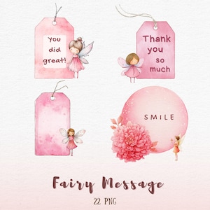 妖精のメッセージカードのクリップアート、メッセージスペース付きの水彩画ファンタジー妖精、サンキューカード用のピンクのパステルアート - デジタルダウンロード、22 PNG