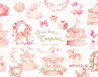 May include: A digital collection of watercolor illustrations featuring blush pink carousels, horses, balloons, gift boxes, floral arches, and bunting banners. The central text reads Blush Pink Carousel 35PNG 300DPI, showcasing a whimsical theme.