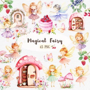 magiczny ogród różowy wróżka clipart, akwarelowe domy fantasy, motyl grzyb, pierwsze urodziny clipart, komercyjne zastosowanie 65 PNG