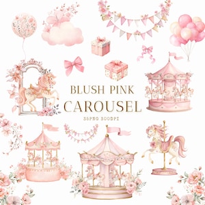 May include: Watercolor illustrations of a blush pink carousel, balloons, gift boxes, and floral arrangements. The text "Blush Pink Carousel" is displayed in a decorative font. The image is labeled "35PNG 300DPI".