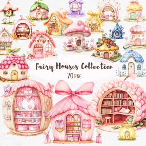 Conjunto de clipart de casa de fadas em aquarela, casas mágicas de contos de fadas, chalés fantásticos, casas de cogumelos e morangos, uso comercial