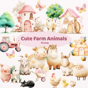 Watercolor Farm Animals Clipart: Watercolor Farmhouse Printables (Digital Download - 55 PNG Files)