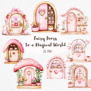 Clipart Fairy Doors, akwarelowy kwiatowy domek wróżek, fantazyjne drzwi wróżek, clipart fantasy garden, cyfrowe rzemiosło papierowe, zastosowanie komercyjne, 25PNG