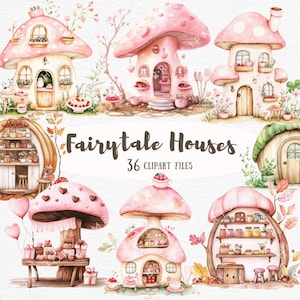 Aquarel Fairy Mushroom House Clipart, aquarel magische sprookjeshuizen, Fantasy Forest Cottage set, scrapbooking, commercieel gebruik, 36 png