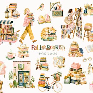 Pode incluir: Uma coleção de ilustrações em aquarela com pessoas lendo, pilhas de livros, uma bicicleta com cesta, uma fachada de livraria, um gato dormindo sobre livros, óculos de leitura e o texto Fall Bookish 89PNG 300DPI em um fundo branco.
