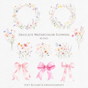 Clipart de coronas y ramos de flores silvestres en acuarela, lazos rosas, flores de prado para tarjetas de felicitación, 45 PNG, uso comercial