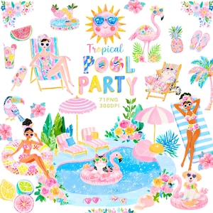 Pode incluir: Uma coleção digital de ilustrações em aquarela com o texto Tropical POOL PARTY 71PNG 300DPI. Os elementos incluem um sol com óculos de sol, um flamingo, um gato em uma boia, um cão, pessoas em trajes de banho, cadeiras e frutas tropicais.