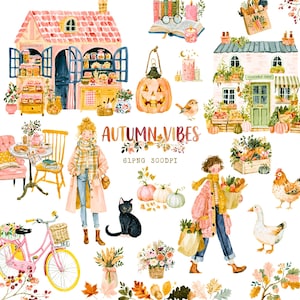 Pode incluir: Ilustração em aquarela com tema de outono. Apresenta uma bicicleta rosa, um gato preto, abóboras e uma lanterna de abóbora. O texto "AUTUMN VIBES" é exibido. Inclui imagens de uma cozinha de compotas e uma loja de vegetais.