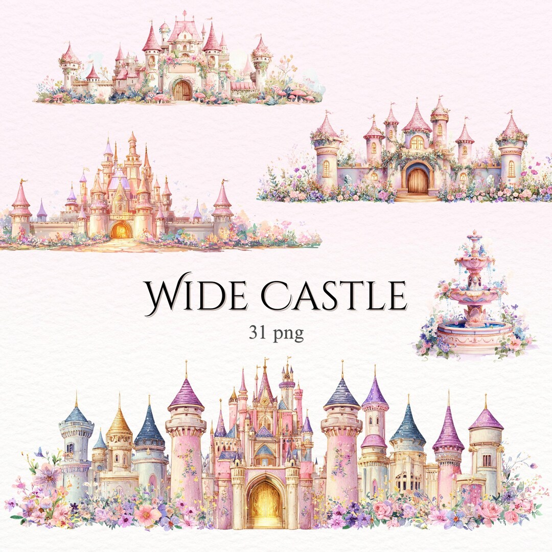 Wide Castle Clipart: Princess Fairy Kingdom, Watercolor Prints ...
