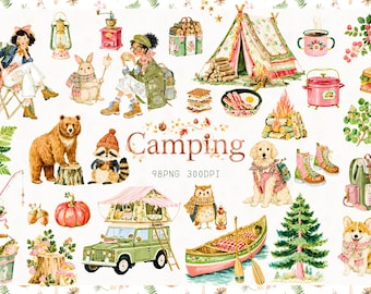Watercolor Camping Clipart, Forest Camper PNG, Commercial Use