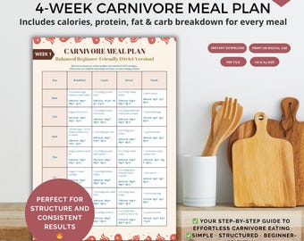 4 Week Carnivore Meal Plan Printable | Carnivore Diet Meal Planner PDF | Keto Alternative, High Protein, Low Carb Plan w/ Calories & Macros