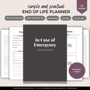 Planejador de fim de vida, pasta de emergência, em caso de emergência, nota de falecimento, modelo de obituário, em caso de emergência, planejamento de legado