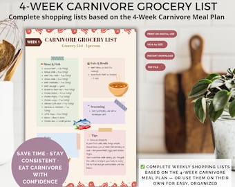 4 Week Carnivore Grocery List | Strict Carnivore Shopping List | Use Alone or w/ Carnivore Meal Plan | High Protein, Zero Carb Diet Planner