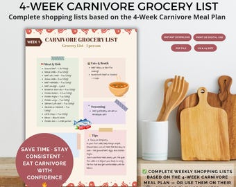4 Week Carnivore Grocery List | Strict Carnivore Shopping List | Use Alone or w/ Carnivore Meal Plan | High Protein, Zero Carb Diet Planner