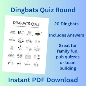 May include: A white paper with a Dingbats Quiz, featuring 20 puzzles with answers. The quiz is designed for family fun, pub quizzes, or team building. The text "Instant PDF Download" is at the bottom.