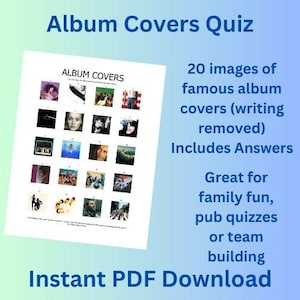 Utskrivbart frågesport om skivomslag – 20 kända skivomslag att namnge – Frågesport om musik och bilder – Direkt nedladdning i PDF-format – Pubquiz, sällskapsspel, musikrunda