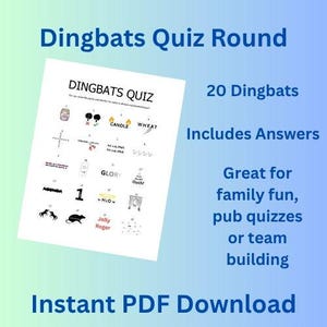 Może przedstawiać: Biała kartka z "Dingbats Quiz" zawierająca 20 zagadek i odpowiedzi. Tekst zawiera "Świetne dla rodzinnej zabawy, quizów w pubach lub budowania zespołu" i "Natychmiastowe pobieranie PDF" na niebiesko-zielonym tle.