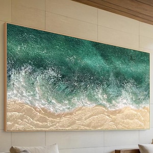 Large 3D Textured Coastal Wall Art Framed Green Beach Painting Sea Acrylic Painting Abstract Ocean Wall Art Beach Canvas Painting Wall Decor