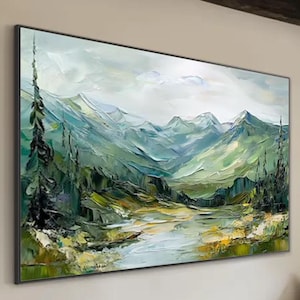 Original Abstract Mountain View Oil Painting Green Texture Landscape Art Natural themed home wall Decor Minimalist Landscape Oil Painting