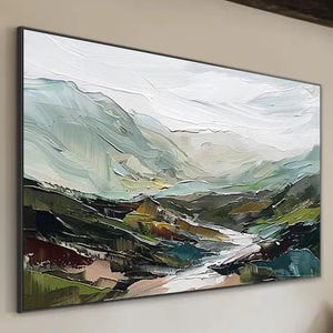 Original Mountain Oil Painting on Canvas 3d Green Wall Art Minimalist Landscape Oil Painting Abstract Texture Green Wall Art Large Wall Art